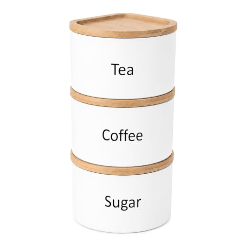Image of EHC Tea Coffee Sugar Canister Set, Set of 3 Stackable Kitchen Canisters Sets, Airtight Jars Easy Open Corner Space Saving Design, White