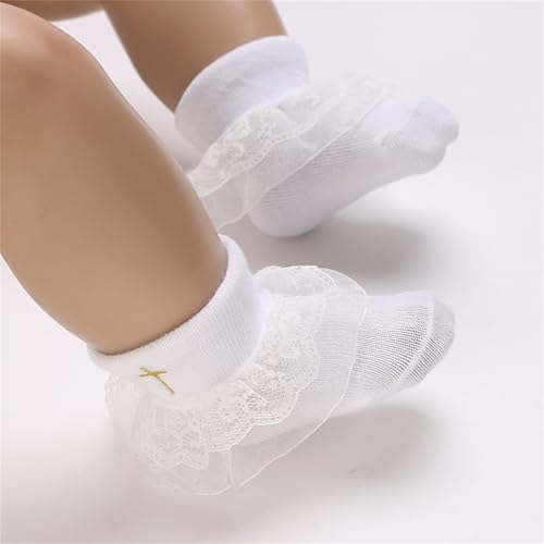 Baptism Socks for Baby Girls White Newborn Baby Girls Christening Socks with Cross & Frilly Lace 4PC2