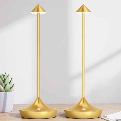 Hapfish Lampade da Tavolo Senza Fili LED, Ricaricabili 6000mAh Lampade da Comodino USB in Alluminio di Moda, Dimmerabile, Impermeabile, Luci Batteria per Ristorante Scrivania Esterno (2 Oro)