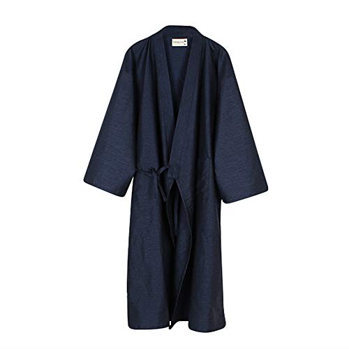 Women Men Kimono Robe Bathrobe Cotton Sleepwear Dressing Gown Loose Loungewear Dark Blue