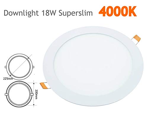 Downlight LED 18W Redondo Plano De Empotrar Luz Blanca Neutra 4000K, Aluminio Aro Blanco Mate, Para Hueco De 200-205mm Blanco
