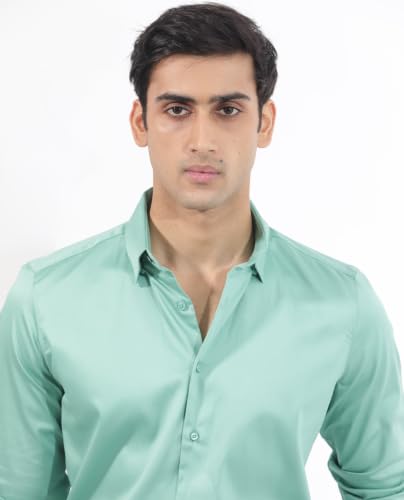 Image of Rare Rabbit Men Regular Fit Solid Beige Satin Long Sleeve Button Shirt