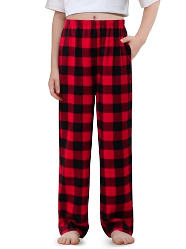 IHU Cotton Girls Pajama Pants Soft Flannel Woven Kids Pj Bottoms Plaid Lounge Pants Sleepwear with Pockets Black and Red Buffalo Plaid 12-14 Years
