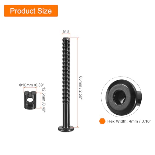 QUARKZMAN 10 Stück Sechskantschrauben Bolzen mit Fassmuttern, M6 x 65mm Sechskantmöbelbettbolzen mit Schraubenschlüssel für Stühle und Kinderbetten, Schwarz