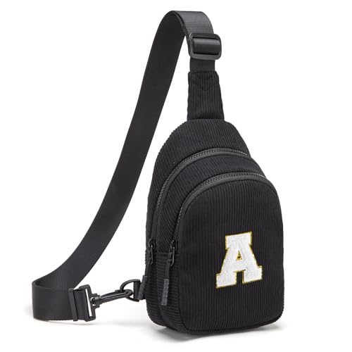 Small Corduroy Sling Bag Initial Crossbody Bag Fanny Pack for Girls Personalized Birthday Gifts for Teen Girls Gifts Black A