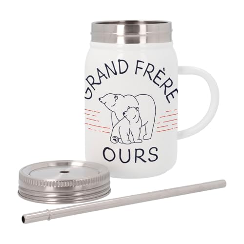 Mug Isotherme en Inox avec Couvercle et Paille - Grand Frère Ours Famille Mignon Animal - 500 ml - Tasse Thermo