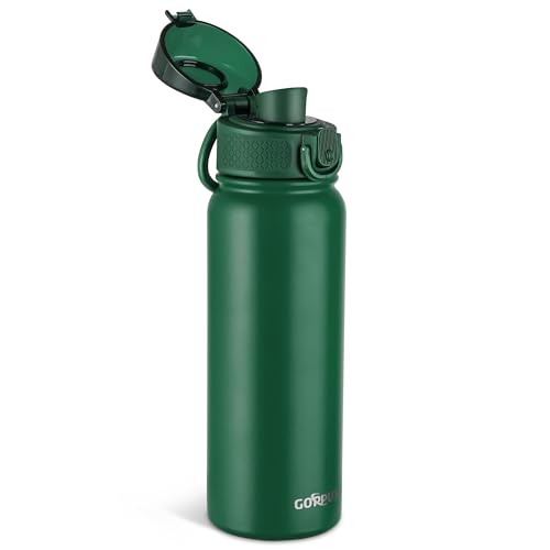 GOPPUS 20 Oz Insulated Stainless Steel Water Bottle BPA-Free Sports Water Bottle, Great for Travel, with Chug Lid - Leak & Sweat Proof with Anti-Dust Lid(army green)