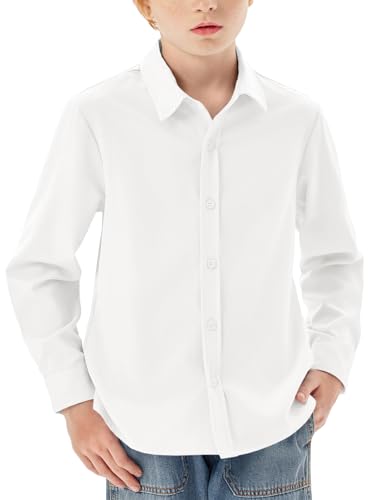 Haloumoning - Camisa de manga larga para niños, con botones, ajuste regular, casual, para ocio, fiesta, escolar, de un solo color, fácil de planchar, uniforme escolar formal, parte de arriba, Blanco