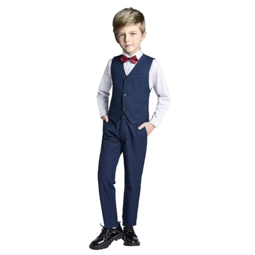 Fersumm Boys Vest Set Formal Suit Tuxedo Pants Shirt and Tie Toddler Slim Fit 4 Piece Suits Blue Size 2T