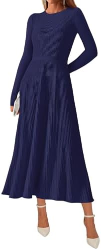 KIRUNDO Women Sweater Dress Holiday Ribbed Knit Long Sleeve Slimming Maxi Dress Fall Pleated Elegant A Line Winter Dresses