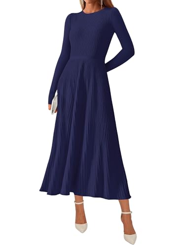 KIRUNDO Women Sweater Dress Holiday Ribbed Knit Long Sleeve Slimming Maxi Dress Fall Pleated Elegant A Line Winter Dresses(Navy, Medium)