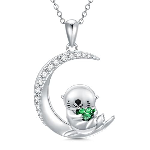 Image of PROESS Animal Birthstone Necklace 925 Sterling Silver Otter /Axolotl /Hippo /Elephant /Dachshund /Monkey /Red Panda Pendant Necklace Animal Birthstone Jewelry Gifts for Women