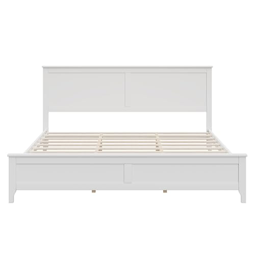 Image of Harper & Bright Designs Modern Farmhouse Platform King Bed Frame, Solid Wood Platform Bed Frame with Headboard, Sturdy Wooden Foundation with Wood Slats for Living Room, Rustic Pine - White