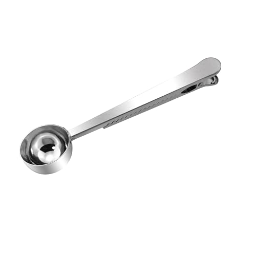 Desenda Stainless Steel Coffee Scoop with Bag Sealing Clip, 2-in-1 Coffee Measuring Scoop for Coffee Beans, Milk Powder, Loose Tea, Spices (Silver)