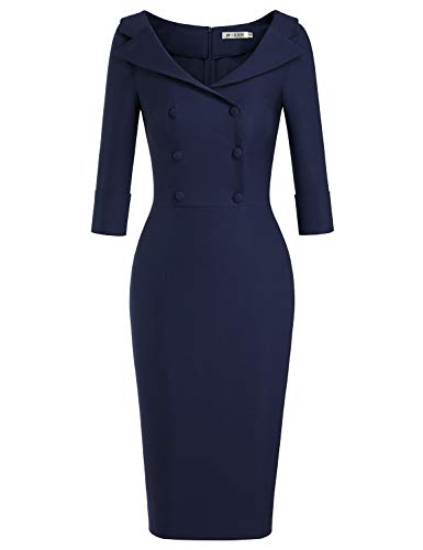 MUXXN Women s Prime Dark Blue Pleated Neck Ruched Button Casual Office Pencil Dress (Blue XXL)