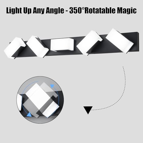 Image of Lingkai LED Bathroom Vanity Light Fixtures 38-Inch 35W Matte Black Modern Bathroom Light Fixtures Over Mirror with Rotatable Vanity Lights Heads Cool White 6000K Bath Wall Lighting Fixtures