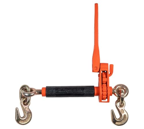 Image of Mytee Products 5 /16 inch - 3 /8 inch Hi-Viz Orange Quick Ratchet Folding Handle Ratchet Load Binder w /Grab Hook 7,100 lbs WLL | Tie Down Hauling Chain Binders for Flatbed Truck Trailer