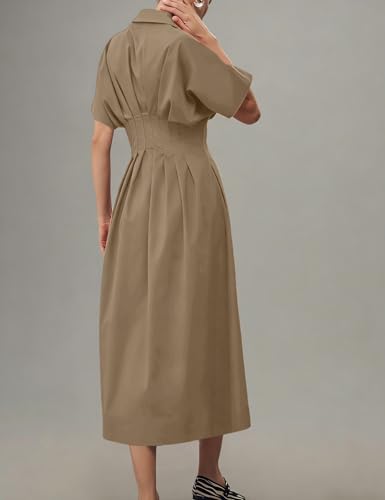 Image of Yeokou Shirt Dress for Women Summer Casual Short Sleeve Button Down Loose Pleated Maxi Sundress with Pockets