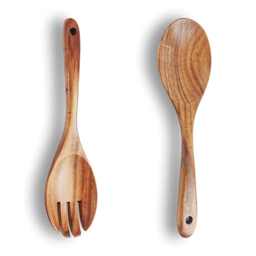 2Pcs Holz Servierbesteck Set, Salatlöffel und Salatgabel Holz, hochwertiges Holzbesteck aus Teakholz Küchenhelfer