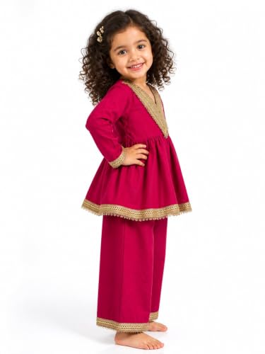 Image of JAGGU Girls Ethnic Kurta Palazzo Set | Kids Traditional Dress | Full Sleeve Peplum Kurti with Wide Leg Palazzo | Festive, Wedding & Party Outfit for Girls (Hot pink)