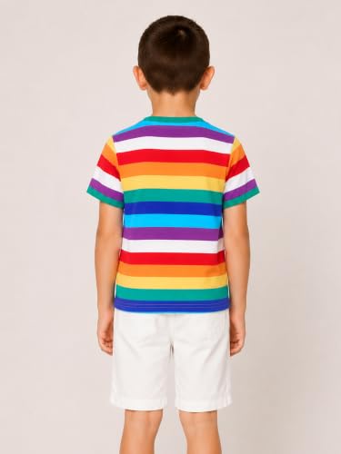 Image of LittleSpring Boys Girls T Shirt Rainbow Striped Cotton Crewneck Tees for Kids Fashion
