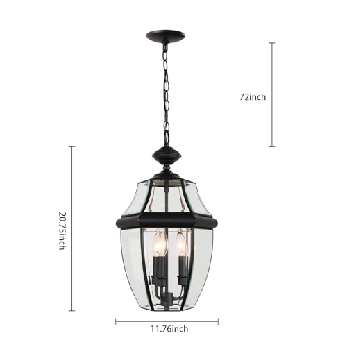 Image of Large Outdoor Pendant Light Fixture 3-Light, 20in Modern Black Outdoor Chandelier Hanging Porch Light, Metal Exterior Ceiling Mount Hanging Lantern with Clear Glass for Front Door, Entrance, Gazebo