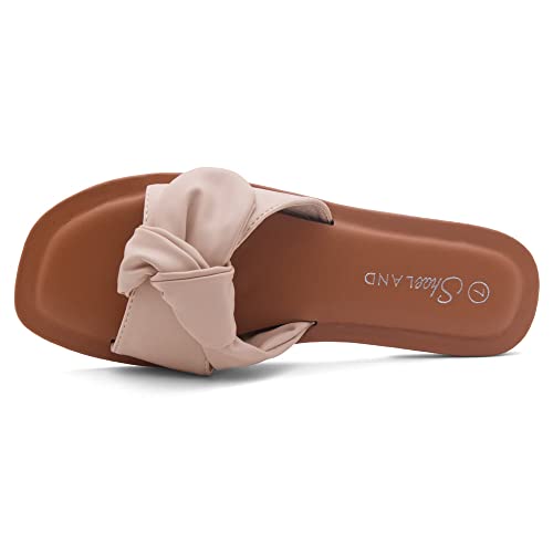 Shoe Land Amilie Women's Square Open Toe Slide Slip On Bow Tie Flat Sandals For Summer Nude 8.0 #TOP2