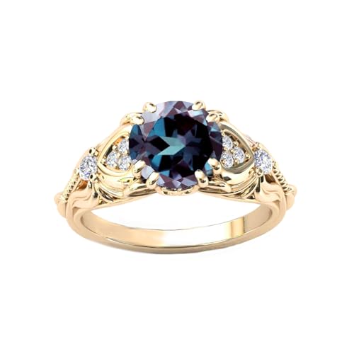 FYBIOD Round Cut Alexandrite Vintage Ring for Women Sterling Silver Yellow Gold Plated 1 Carat Created Color Change Alexandrite and Moissanite Promise Statement Anniversary Ring for Her Size 8