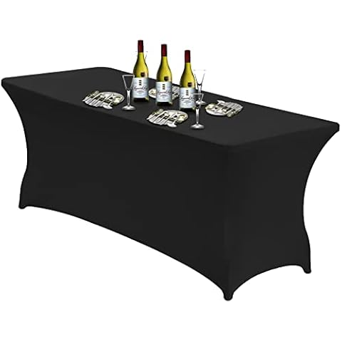 6-FT Stretchable Tablecloth with Elastic Leg Pockets - Black Party Table Cloth Washable Spandex Rectangular Table Cover for Banquet, Wedding Party, Beauty Event Decoration and Holiday Event (Black) Cover
