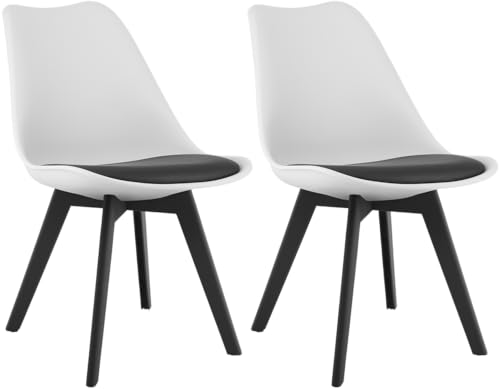NMK HOME Lot de 2 chaises de Salle à Manger Blanches avec Coussin Noir – Assises rembourrées en...