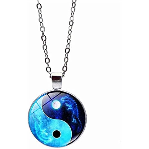 YYZLL Cabochon Silber Bronze Schwarz Glas Halskette Anhänger Drachen Mond Yin Yang Schlüsselbeinkette Schmuck Accessoires Geschenk Cover