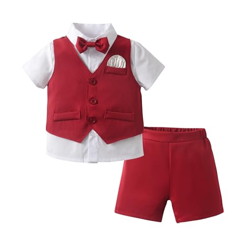 Image of Boarnseorl Baby Boys Shorts Sets, Infant Shirt+Shorts+Bow Tie+Vest,Toddler Gentleman Outfits Suits
