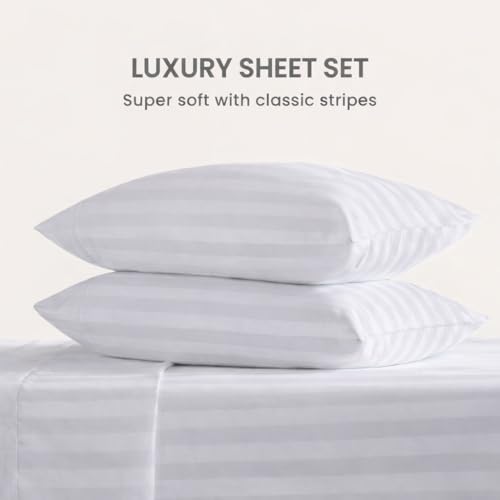 Image of Single Size Bedsheets for Single Bed 600 TC - Cotton Elastic Fitted Sheet (30 x 78 Inches) with 8 Inch Drop- Color Light Grey Stripe [ Fitted Sheet with 2 Pillow Cover]