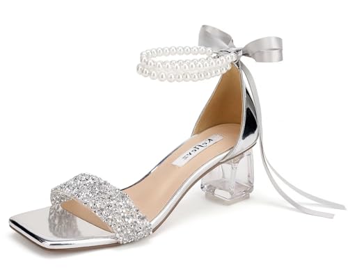Low Block Heel Wedding Shoes for Bride Clear Heel Sandals Sequin Bridal Shoes Pearl Heels