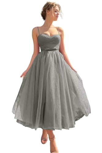 Image of A line Ruched Tulle Prom Dress Spaghetti Straps for Women, Tea Length Sweetheart Homecoming Dress Cocktail Dress