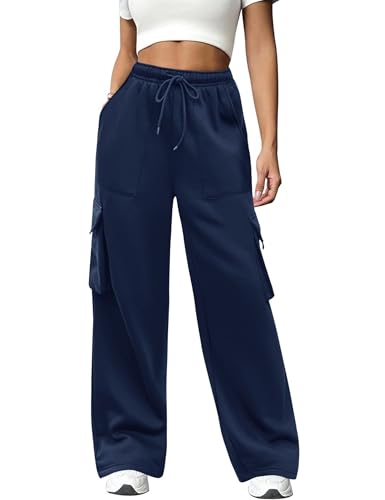 Totatuit Cargo Pantalones Anchos Mujer Termico 4 Bolsillos Elasticos Cintura Alta Elegante Largo Pantalón Trabajo Fiesta Moda Adolescente Y2K Casual Punk Azul Marino XL