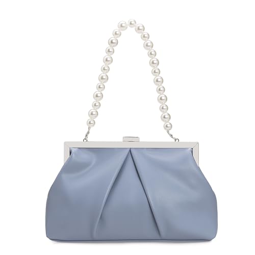 CHARMING TAILOR Faux Leather Clutch Purse Ruched PU Metal Frame Formal Evening Bag with Pearl Starp (Powder Blue)