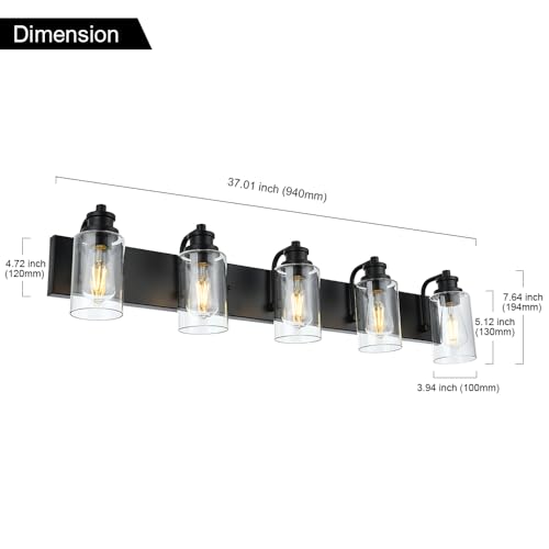 Image of 5-Light Black Bathroom Vanity Lights, 37 inch Modern Farmhouse Wall Sconces with Clear Glass Shade, Bathroom Wall Lamp for Mirror Bedroom Hallway Living Room Cabinet