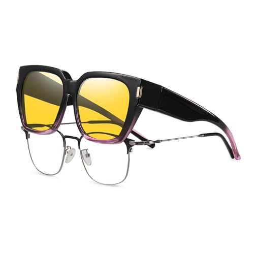 Image of HAOLOTA Night Vision Driving Glasses Fit Over Glasses for Women Men, Anti Glare Polarized Nighttime Yellow Lens