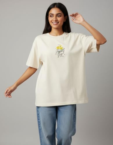 Image of Oversized Cotton T-Shirt for Women Half Sleeve - Love Yourself First Printed Tee - Breathable Loose Fit Motivational Casual Wear for College and Daily Outfits