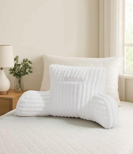 Home Harmony ® Ribbed Chair Cuddle Cushion with Arms, Reading Support Pillow for Sofa and Bed, Backrest with Storage Pocket (White)