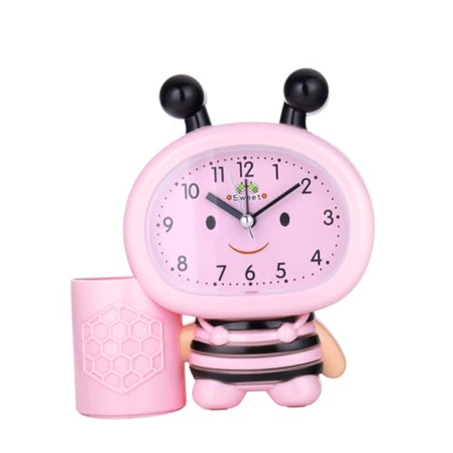 EXQUIMEUBLE 蜂型ペン立て付きデジタル目覚まし時計 音声感知 温表示 静音設計 学生 オフィス向け ピンクカラー