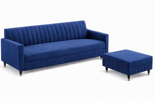 Image of Wooden L Shape Sofa 4 Seater with Ottoman | Velvet Fabric Upholstery | Modern Sectional Wooden Frame Couch for Living Room, Home & Office (Blue)