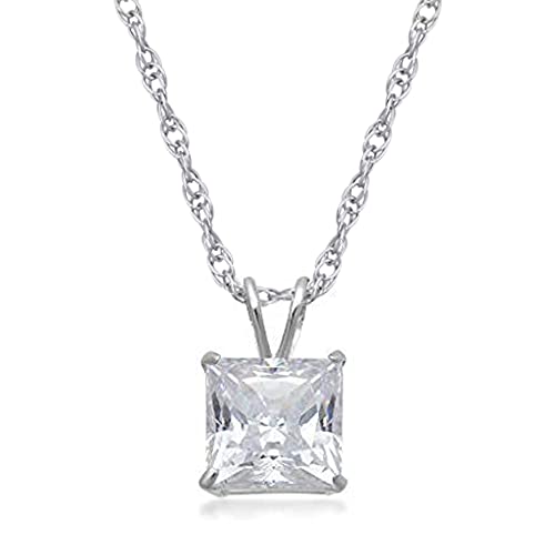 Jewelili 10K Yellow or White Gold Princess Cut Cubic Zirconia Solitaire Pendant Necklace for Women | 1.0, 1.5, or 2.0 Carat | 18 Inch Rope Chain | Gift Box Included