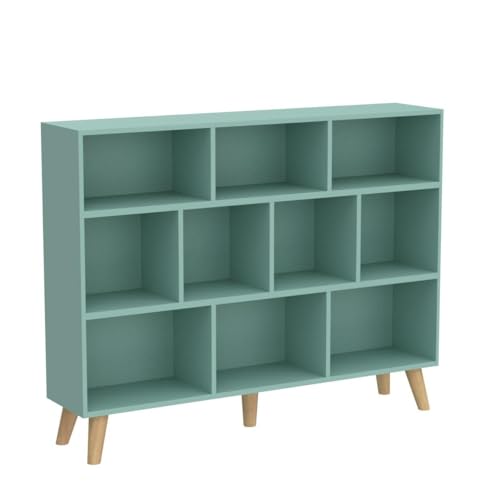 Image of IOTXY Wooden Open Shelf Bookcase - 3-Tier Bookshelf with Leg, Tiffany-Green