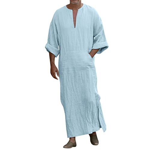Mens Robe Long Sleeve Thobe Casual V Neck Gown Mens Kaftan Robe