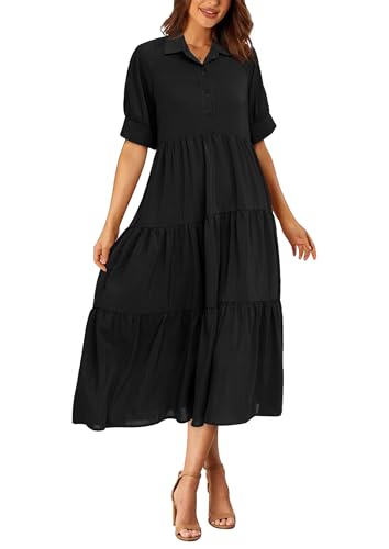 PRETTYGARDEN Womens Beach Maxi Dress Short Sleeve Buttons Tiered Ruffle A Line Swing Dresses (Solid Black,Small)