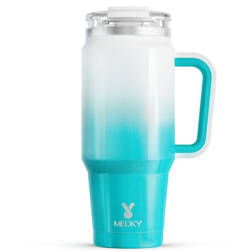 Image of Meoky 32 oz Tumbler with Handle, Insulated Tumbler with Lid and Straw, Stainless Steel Travel Mug, Keeps Cold for 24 Hours, 100% Leak Proof, Fits in Car Cup Holder (Azure)