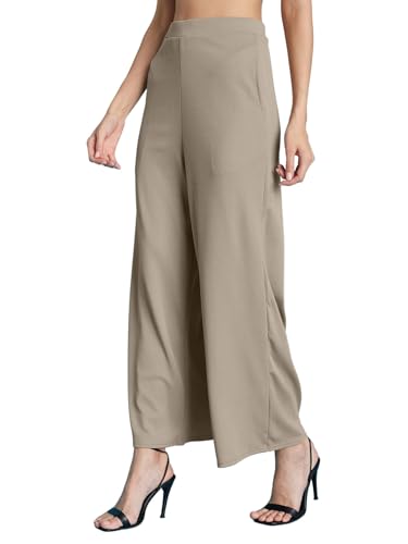 Image of Selvia Women's Solid Ribbed Lycra Elastic Regular Fit Wide-Leg Trouser
