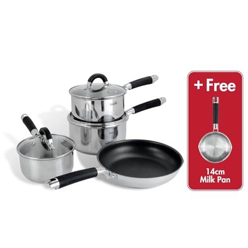 Scoville Steellux 4+1 Piece Cookware Set, Non Stick Stainless Steel Pan Set, Milk Pan, Saucepans & Frying Pan, Suitable for All Hobs, Rapid Heat Distribution, Easy to Clean, PFOA Free, Silver